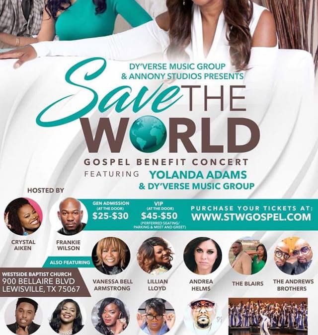 Yolanda Adams headlines the ‘Save the World’ gospel benefit concert, this Sunday at the Westside Baptist Church